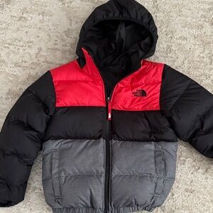 The North Face Red, Black, and Gray Hooded Jacket youth size 7/8 reversible